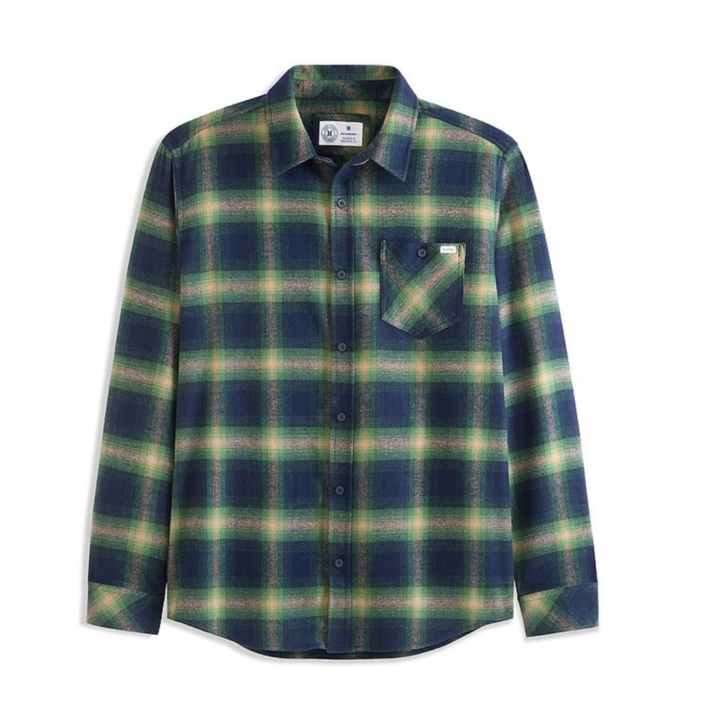NWT- men’s Hurley Plaid Green and Blue long sleeve button down Shirt. Size XL